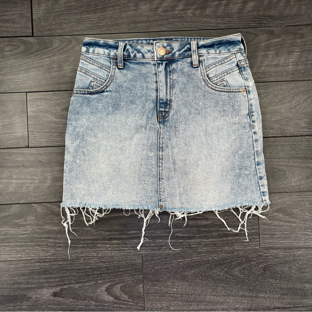 Light Blue Frayed Denim Skirt